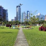 Parque urbano arborizado em Porto Alegre, com edifícios altos ao fundo sob céu azul.