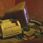 Pilhas de eletrônicos antigos, incluindo um computador e uma impressora, em um ambiente de armazenamento.